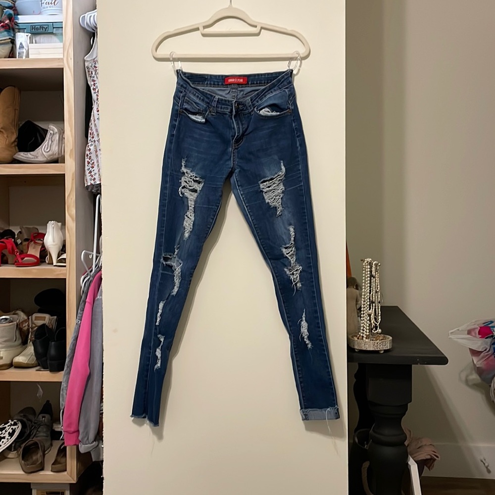 low rise distressed skinny jeans